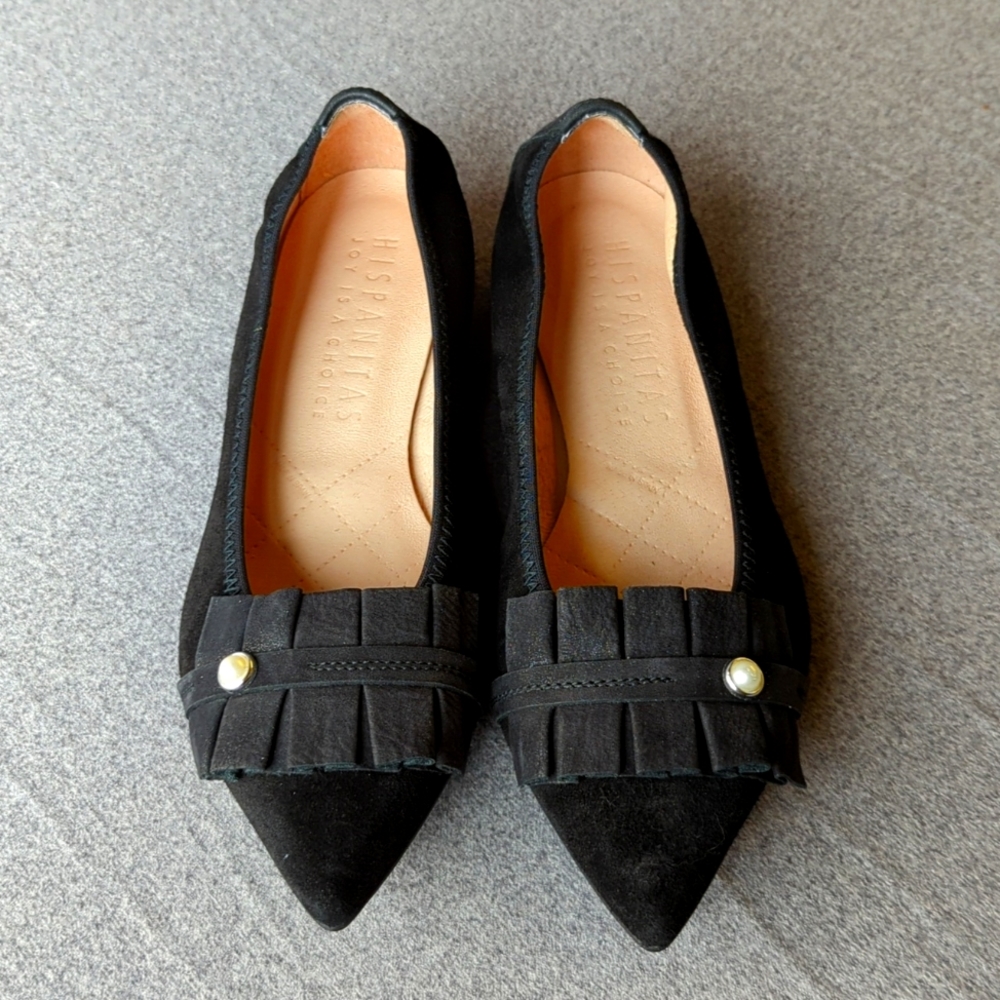 Hispanitas Size 37 (US 6.5) Black Suede Pointed Toe Flat Shoes